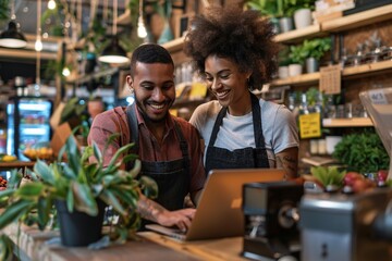 Smiling florist holding card reader machine at counter with customer paying with credit card. Young african american florist shop assistant holding payment machine while buyer purchase a bunch flower.