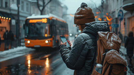 Obraz premium Rear view. A passenger on the street checking his phone in front of an electric minibus. Generative AI.