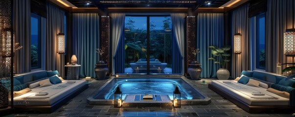 Luxurious indoor pool area with blue lighting, surrounded by couches, intricate metalwork, and tropical outdoor view. - obrazy, fototapety, plakaty