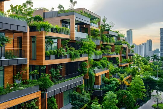 Creating a Sustainable Urban Landscape: Eco-friendly Buildings and Lush Greenery in a Modern Cityscape. Concept Sustainable urban planning, eco-friendly architecture, green infrastructure