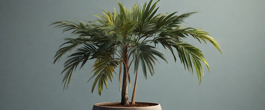 Kentia Palm in black pot, isolated on a white background, Copy space