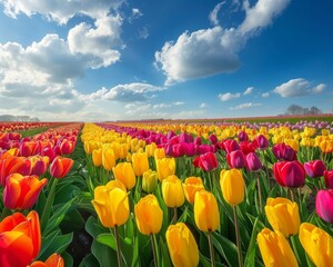Vibrant tulip field with red, yellow, and purple flowers under a blue sky with fluffy clouds.