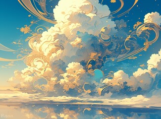 A digital painting of clouds in the sky, with swirling patterns and shades of blue and yellow. The background is dark to highlight the detailed textures of each cloud.