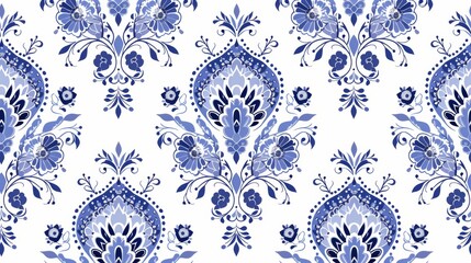Seamless modern boho chic paisley pattern for wallpaper, gift paper, fabric print, furniture. Mandala design element. Unusual flourish blue ornament. Sea water motif.