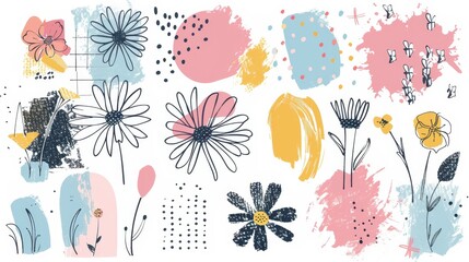 Flowers and dots doodled in pencil and textured like a felt-tip pen or marker. Perfect for modern design. Modern illustration. - obrazy, fototapety, plakaty