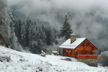 Wooden house in snowy winter mountains