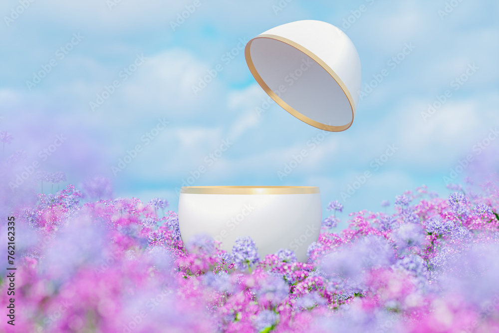 Poster natural beauty podium backdrop with spring flower field scene. easter egg. 3d rendering.