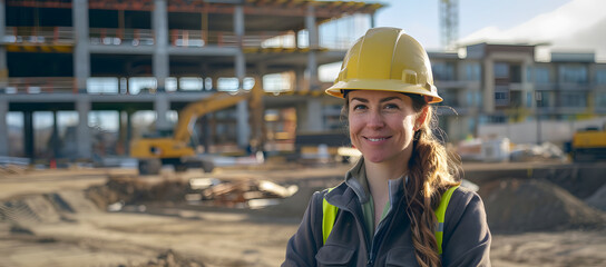 A smiling female construction worker, wearing a yellow hard hat and reflective vest, stands proudly at a construction site. Copy space.