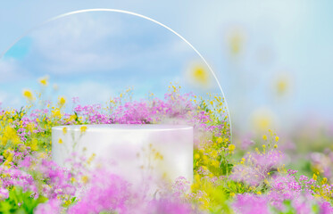 Natural beauty podium backdrop with spring flower field scene. 3d rendering.