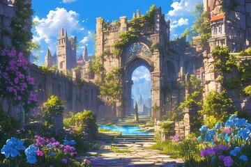 A fantasy scene of an ancient garden with ivy-covered walls, colorful flowers in full bloom, and a mystical archway leading to the heart of a bustling cityscape. T - obrazy, fototapety, plakaty