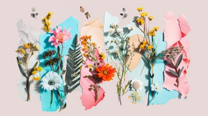 Isolated plants clipped from a magazine. Halftone modern elements with bright colors for collages. Nature-themed stickers. - obrazy, fototapety, plakaty
