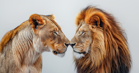 Lion Pair Intimacy- Showcase the bond between a lion and lioness in a tender moment against a clean white canvas Image generated by AI