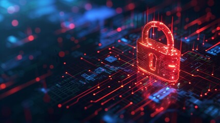 Digital red glowing padlock made of glowing atoms, for computing system on dark blue background, cyber security technology for fraud prevention and privacy data network protection concept