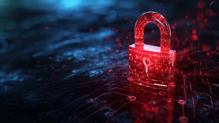 Digital red glowing padlock made of glowing atoms, for computing system on dark blue background, cyber security technology for fraud prevention and privacy data network protection concept