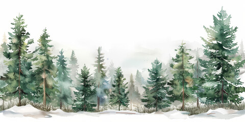 Obraz premium watercolor painting of a forest of pine trees in the snow on white background, watercolor forest in winter, banner