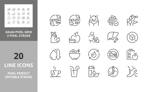 Line icons about detox and cleanse. Editable vector stroke. 64 and 256 Pixel Perfect scalable to 128px...