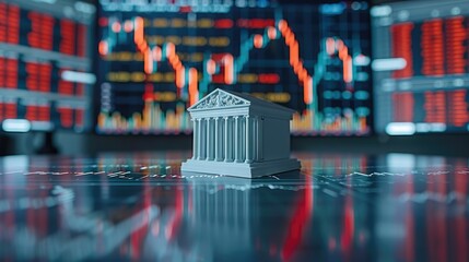 Close up bank model on the table with stock market chart background. Generative AI.