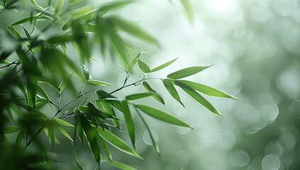 A blurred white background with a few green bamboo leaves. Generative AI.