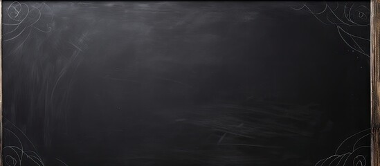 A blackboard with a wooden frame and chalk on it, set against a grey landscape with cumulus clouds in the sky. The horizon displays a serene event as darkness falls over the water