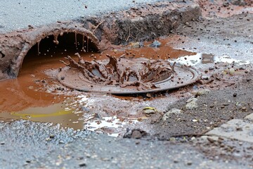 Drain in Street Covered With Mud