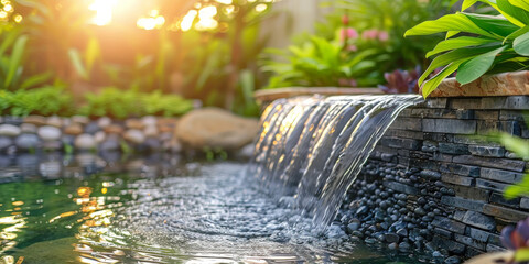 Waterfall in the garden with sunlight and bokeh background.copy space,banner