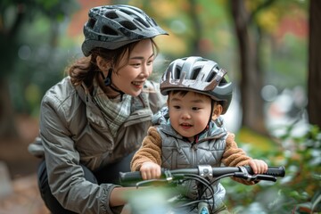 Fototapeta premium Mother and Child Enjoying Bike Ride Together
