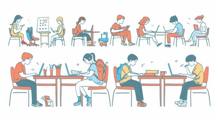 Various types of students sitting at their desk. Modern illustration flat style