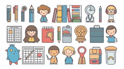 School supplies icons and teachers in class. A flat design style minimal modern illustration.