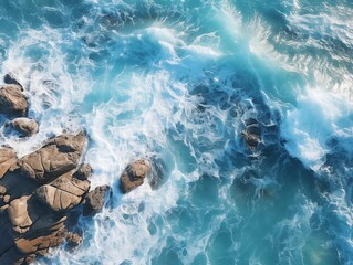 Fototapeta premium Top View of Rocky Ocean with Waves Background. Generative AI