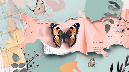 A set of trendy elements for collages. Modern torn vivid texture paper. Scotch tape and halftone butterfly. Writing. Modern illustration, isolate on transparent background.