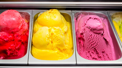 Multicolored Italian ice cream gelato with various fruit flavors in the refrigerator-showcase of the gelomania	
