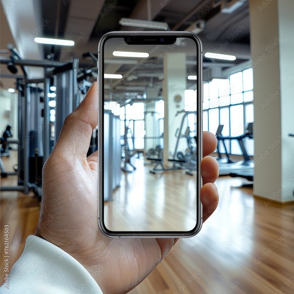 Poster smartphone with blank transparent screen in hand at the gym. generative ai.