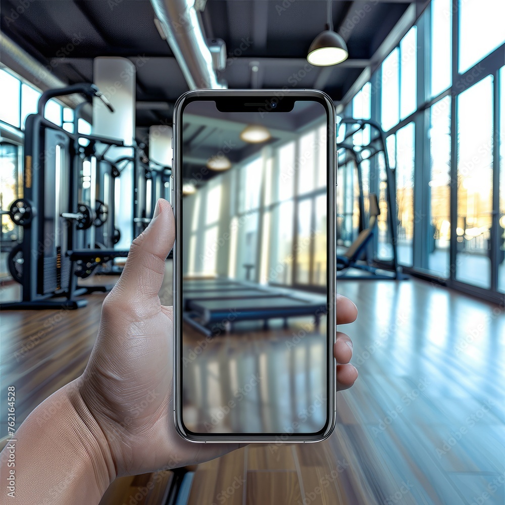 Poster smartphone with blank transparent screen in hand at the gym. generative ai.