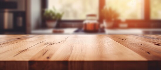 A houseplant sits on a hardwood table with wood stain in the foreground, while sunlight filters through a window in the background - obrazy, fototapety, plakaty