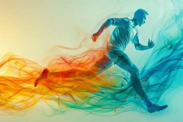 Obraz premium A soccer player is kicking a ball on a field with a blue and orange background