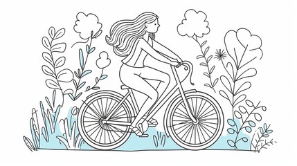 Modern illustration of a girl riding a bicycle with a line background. This is a modern illustration in the hand drawn style.