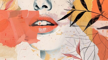 Graphic collage grunge banner design with doodles on retro poster and text space. Woman's mouth announcing crazy promotions.