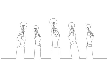 Continuous one line drawing of hands of business people holding light bulbs, brainstorming and teamwork concept, single line art.