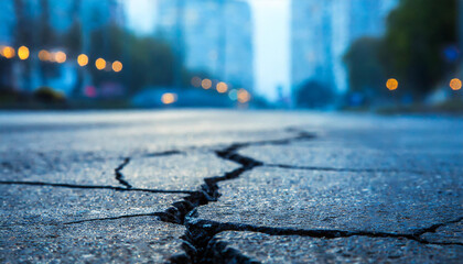 Close-up view of cracked asphalt. Road texture. City street