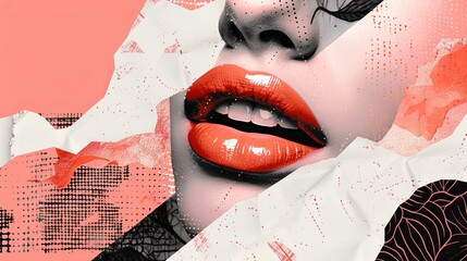 Social media template with discounts. Halftone lips on black banner. Trendy modern advertising background.