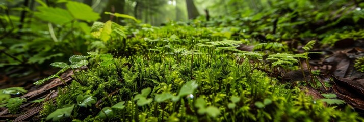 Obraz na płótnie Canvas Forest Floor viewed from ground level perspective showcasing a lush miniature world - Tiny bright green moss carpets the ground interspersed with miniature plants created with Generative AI Technology