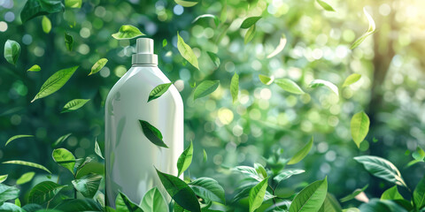 eco white laundry detergent bottle or fabric softener empty blank product mockup, concept of ecological sustainable environmentally friendly bio natural organic sanitary liquid, biodegradable plastic