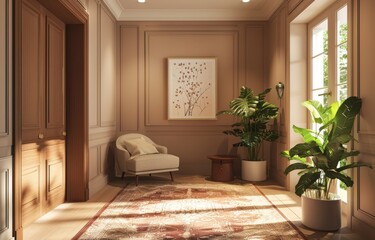 Eclectic Interior Design 3D Render - Cozy Room with Lush Plants and Sunlight