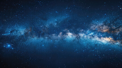 Amazing Panorama blue night sky milky way and star on dark background.Universe filled with stars, nebula and galaxy with noise and grain.Photo by long exposure and select white balance.selection focus - obrazy, fototapety, plakaty