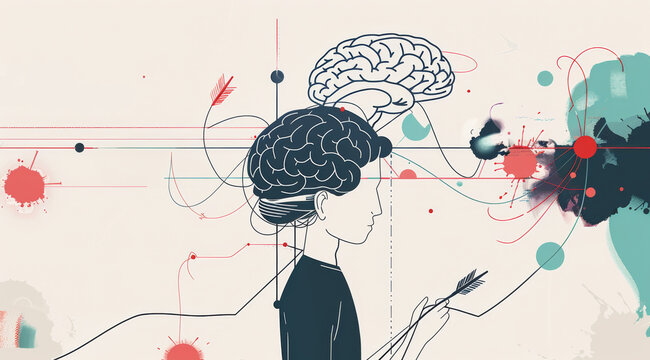 Intricate psychology illustration of a human head with brain an exposed brain connected to strings, symbolizing mind manipulation, mental health. Mind map.