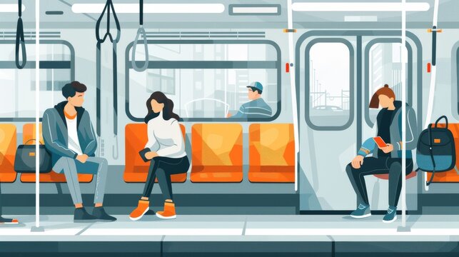 Passengers sitting on a subway platform. Subway interior illustration in flat design style.