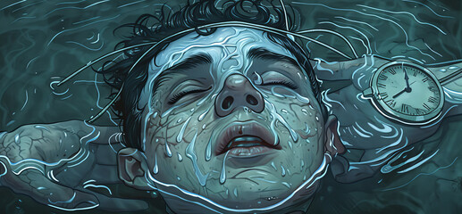 Intricate psychology illustration of a human head with brain an exposed brain connected to strings, symbolizing mind manipulation, mental health. Mind map.