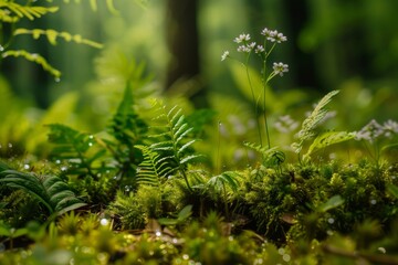 Fototapeta na wymiar Forest Floor viewed from ground level perspective showcasing a lush miniature world - Tiny bright green moss carpets the ground interspersed with miniature plants created with Generative AI Technology