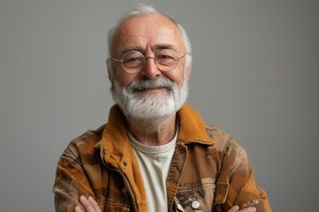 Obraz premium Elderly man smiling at camera. A close-up portrait of an elderly, man with a warm smile, wearing fashionable clothes.
