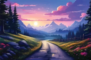 Foto op Canvas Mountain landscape with green hills, sandy road and natural valley. Vector picturesque place background.  scenic hills, spring or summer nature. Beautiful Nature . Mountain landscape. Illustration.  © Usama